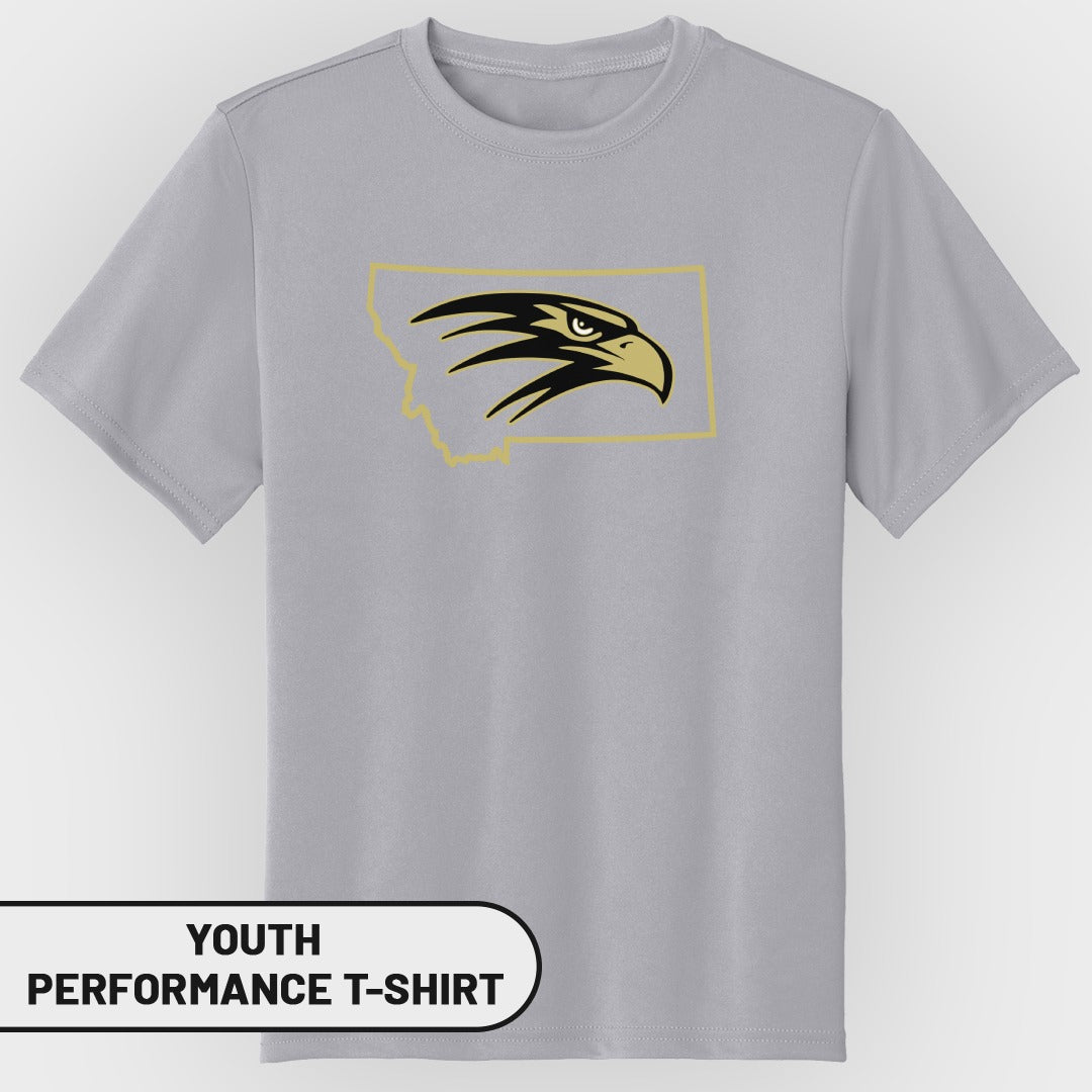 Youth grey t-shirt with Montana outline and black and gold eagle graphic.