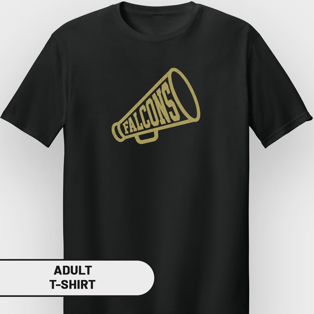 Black adult t-shirt with gold megaphone graphic and "FALCONS" text.