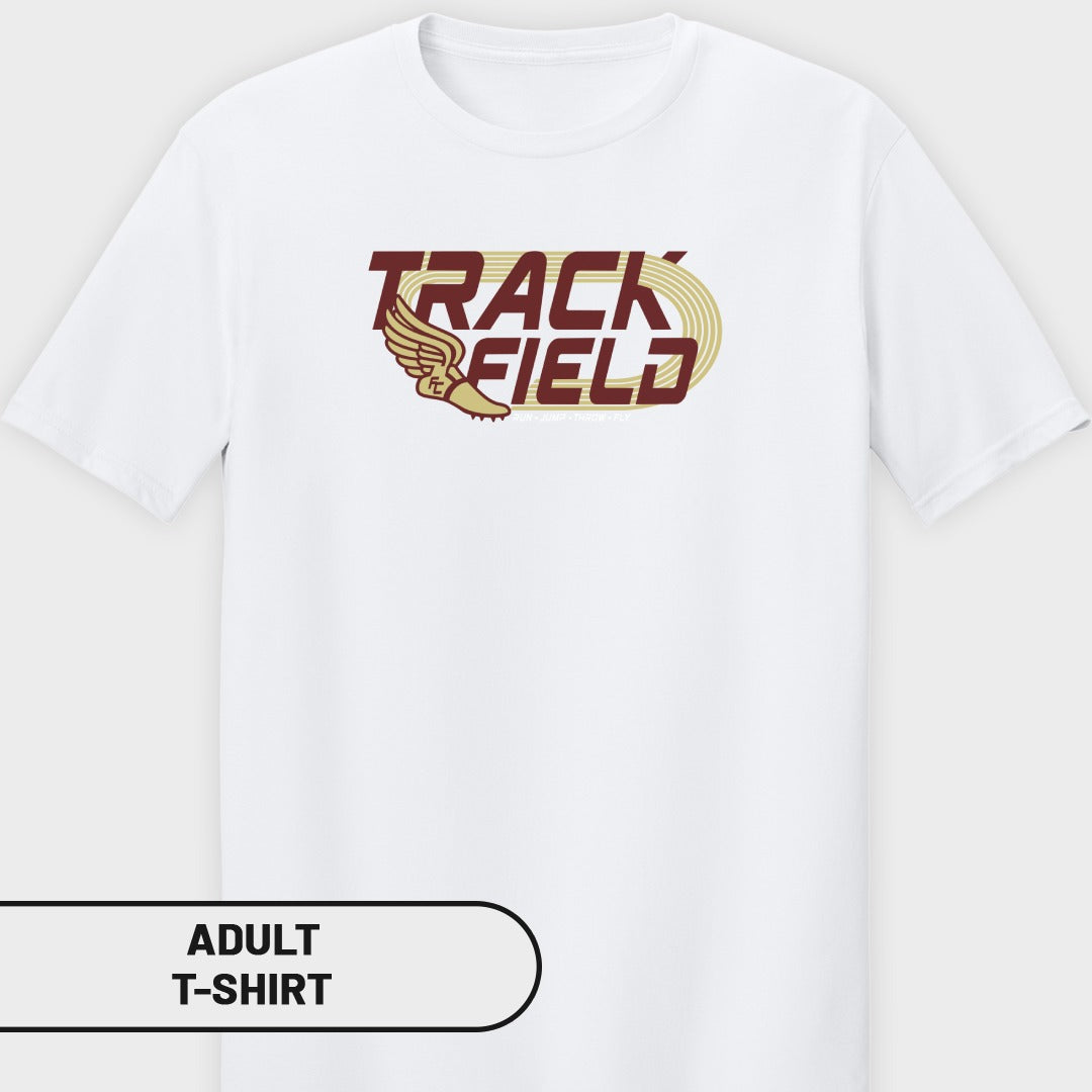 White adult t-shirt with "Track Field" text and winged running shoe graphic.