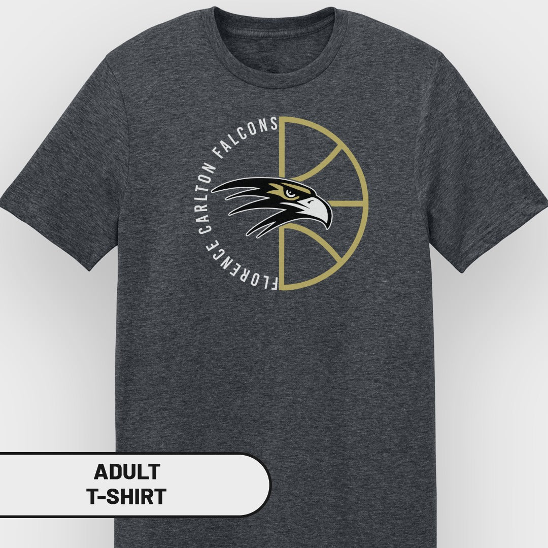 Dark gray t-shirt with Florence Carlton Falcons basketball logo featuring a falcon head.