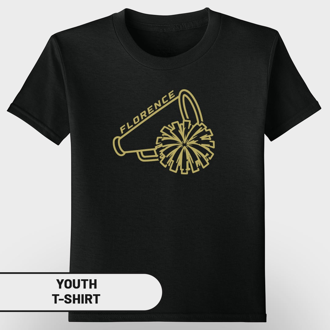 Black youth t-shirt with gold outline of a megaphone and pom-pom with "Florence" text.