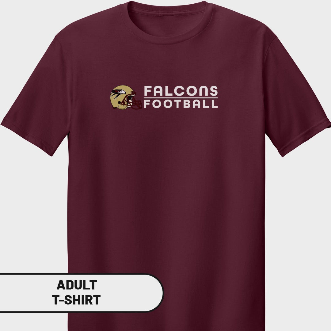 Maroon adult t-shirt with "Falcons Football" and a falcon helmet logo.