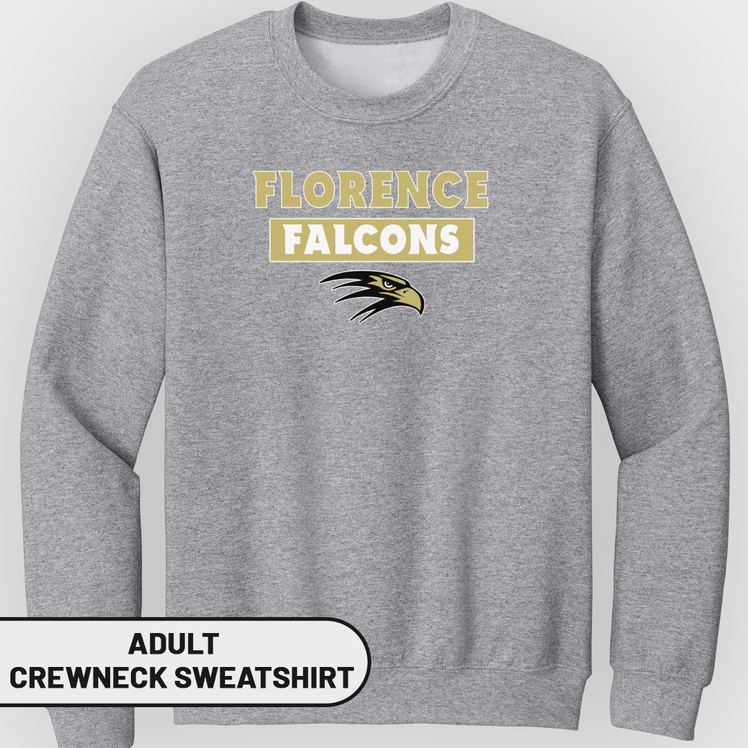 Adult grey crewneck sweatshirt with "Florence Falcons" text and eagle logo.