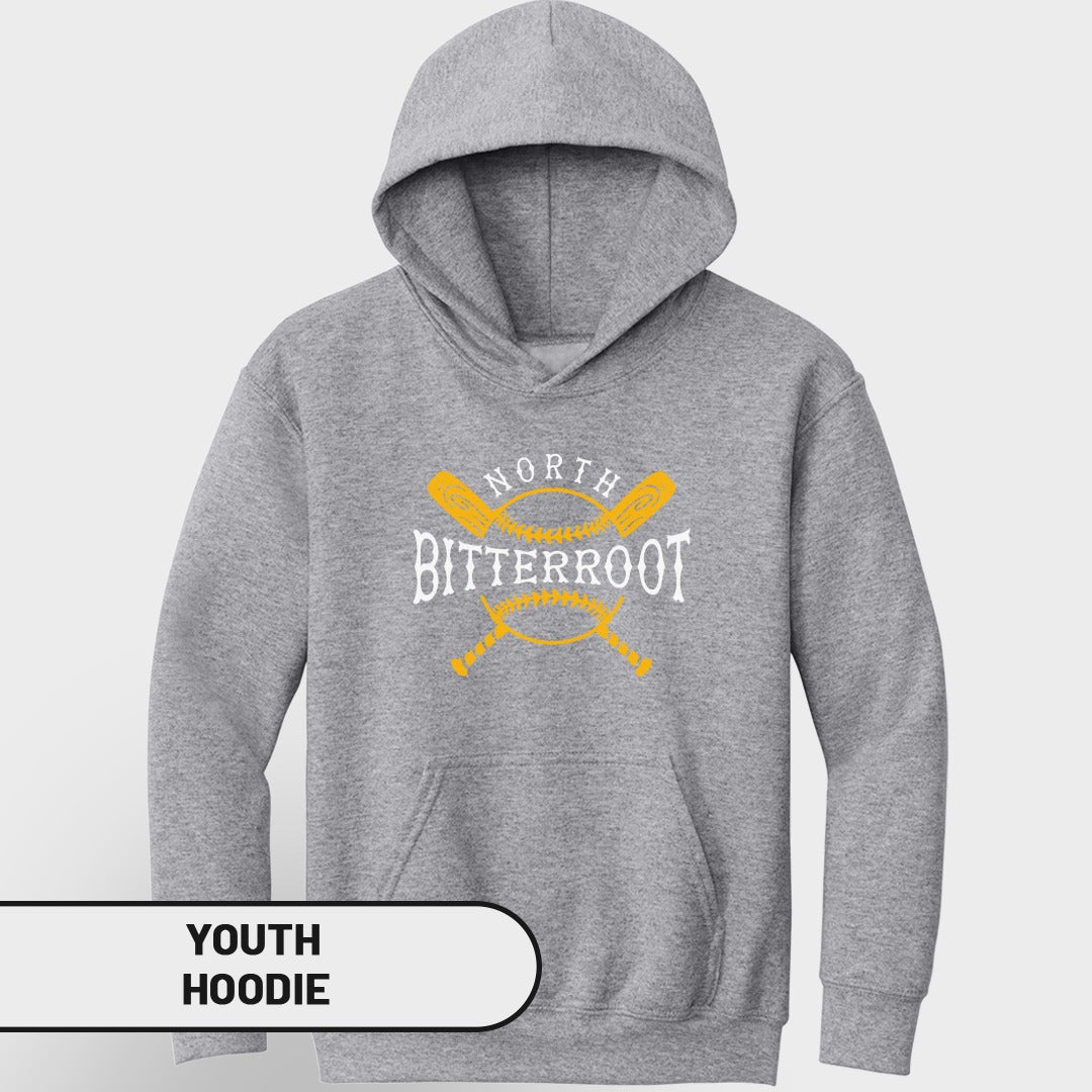 Grey youth hoodie with "North Bitterroot" text and crossed baseball bats.