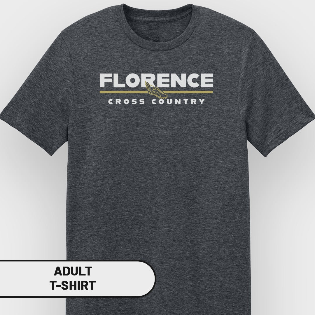 Dark gray adult t-shirt with "FLORENCE CROSS COUNTRY" text and winged shoe graphic.