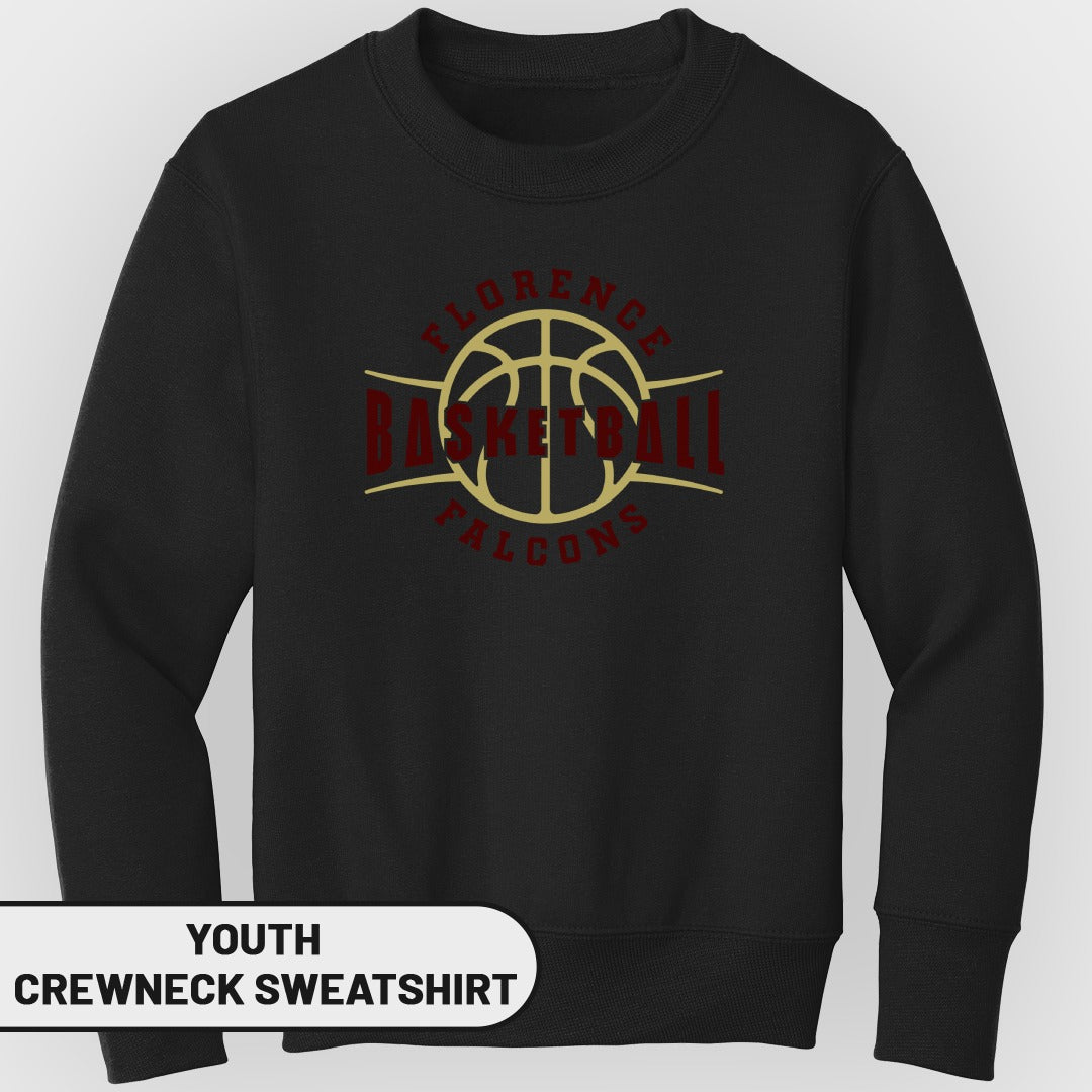 Black youth crewneck sweatshirt with Florence Falcons basketball logo.