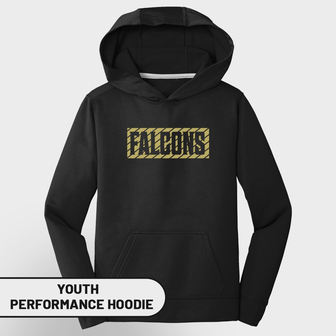 Black youth performance hoodie with "FALCONS" text in a gold rectangle.