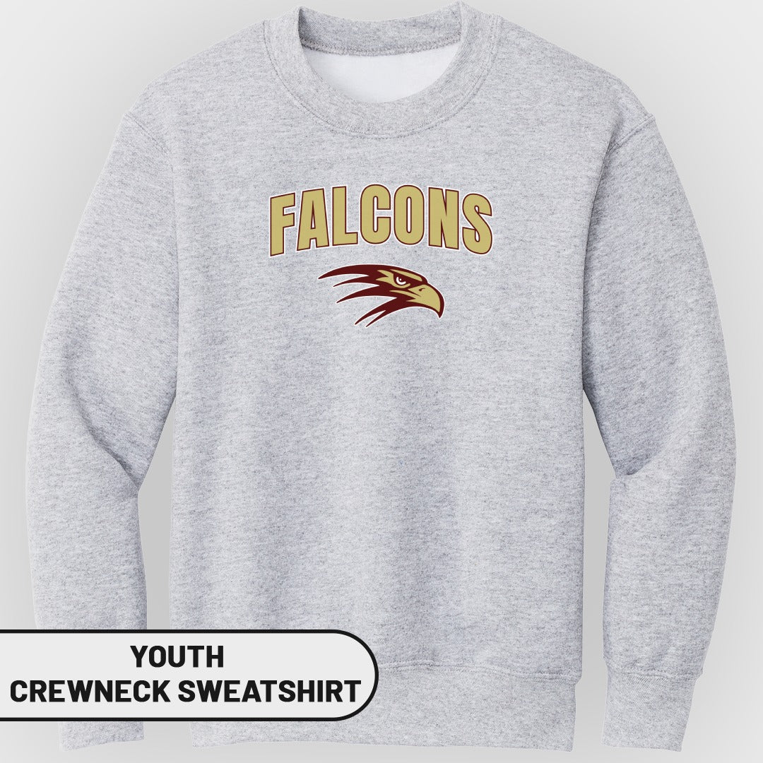 Light gray youth crewneck sweatshirt with "FALCONS" and a falcon logo.