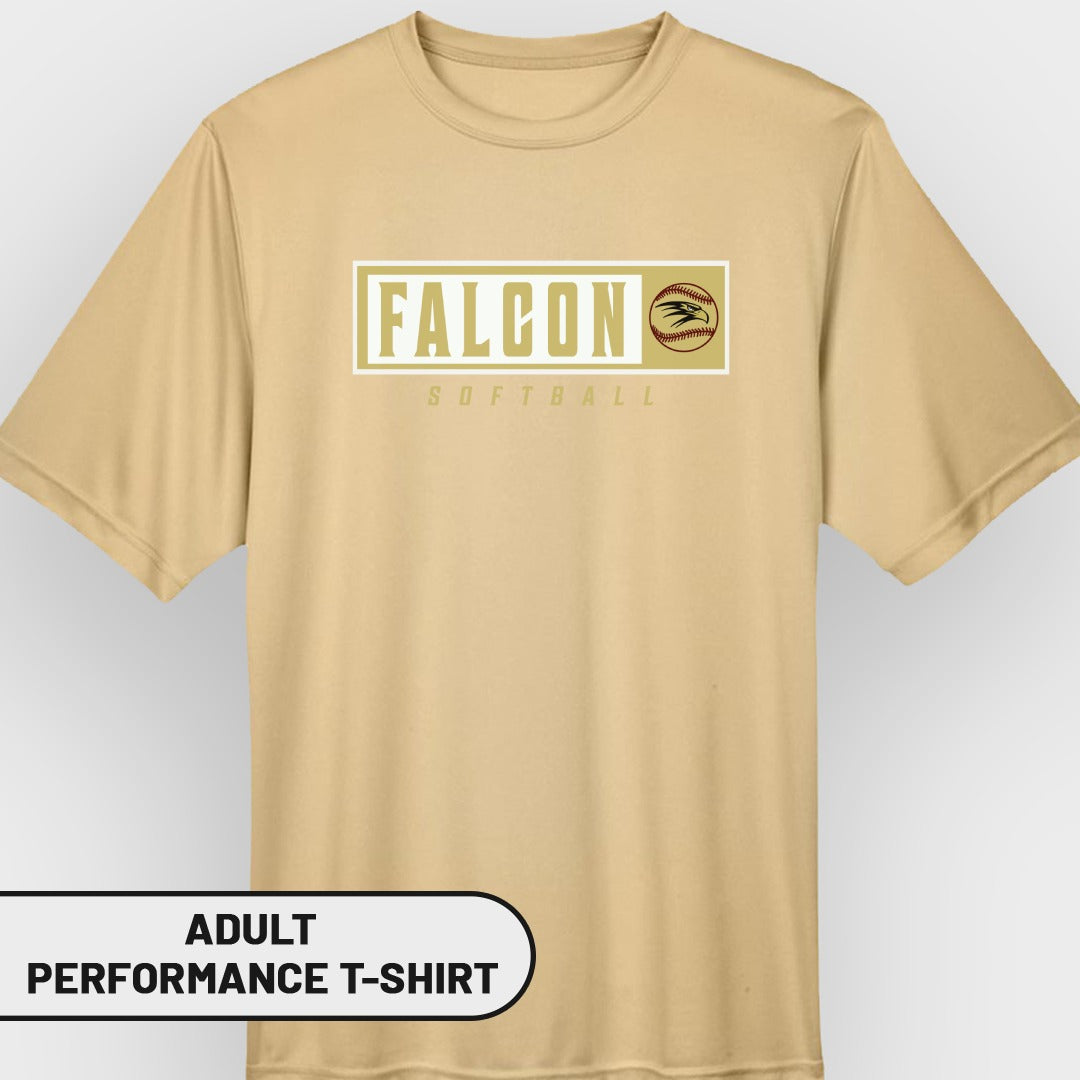 Adult performance t-shirt with Falcon Softball logo and baseball graphic.