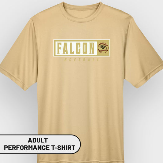 Adult performance t-shirt with Falcon Softball logo and baseball graphic.