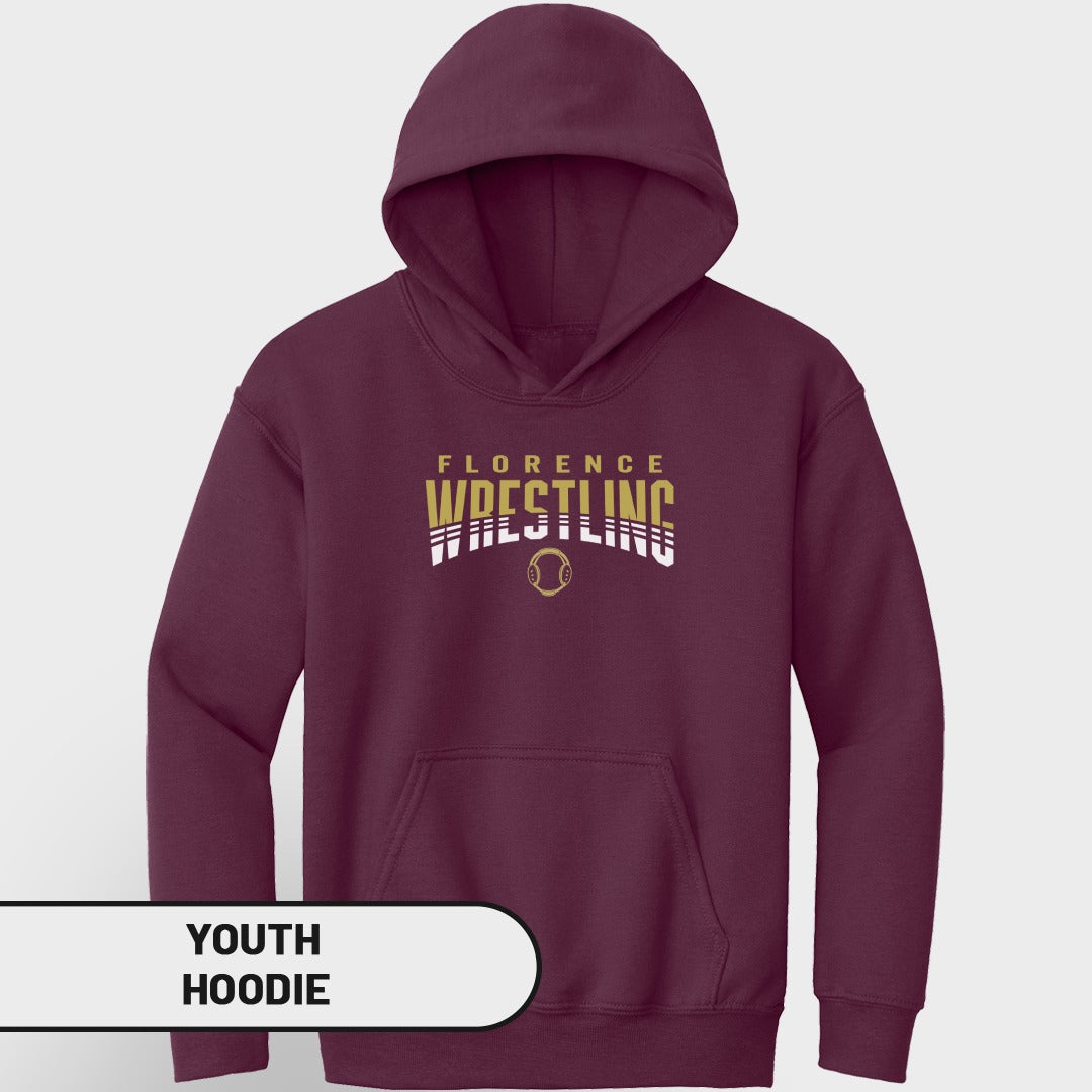 Maroon youth hoodie with "Florence Wrestling" text and a wrestling ball graphic.