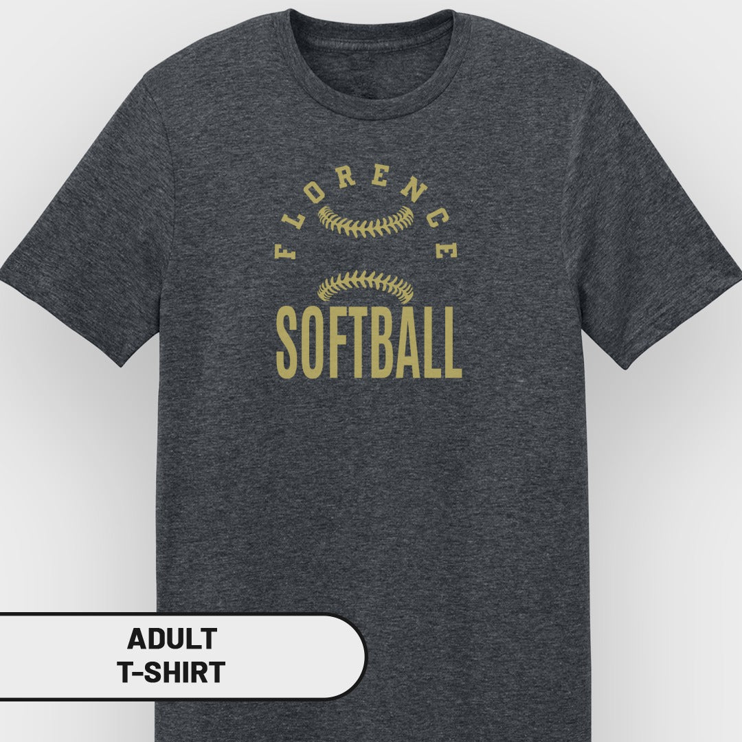 Dark gray t-shirt with "Florence Softball" text and softball graphic in gold.