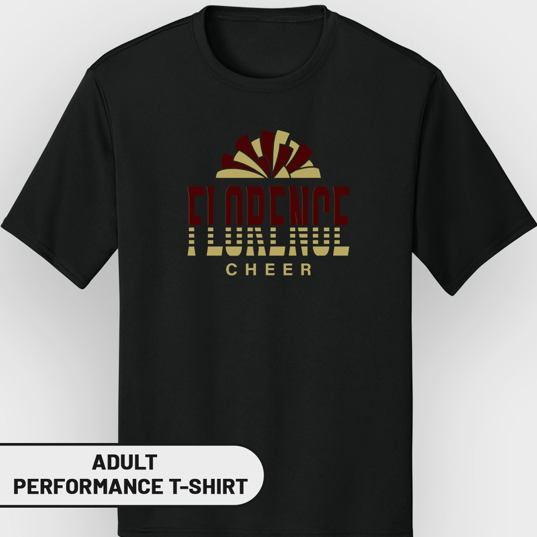 Black adult performance t-shirt with "FLORENCE CHEER" in maroon and gold lettering.