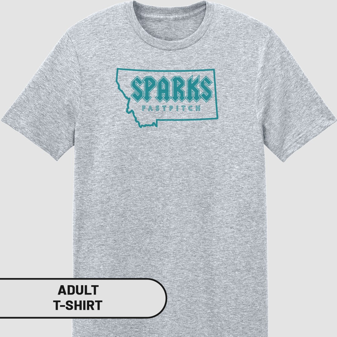Grey adult t-shirt with "SPARKS FASTPITCH" in teal outline on Montana shape.