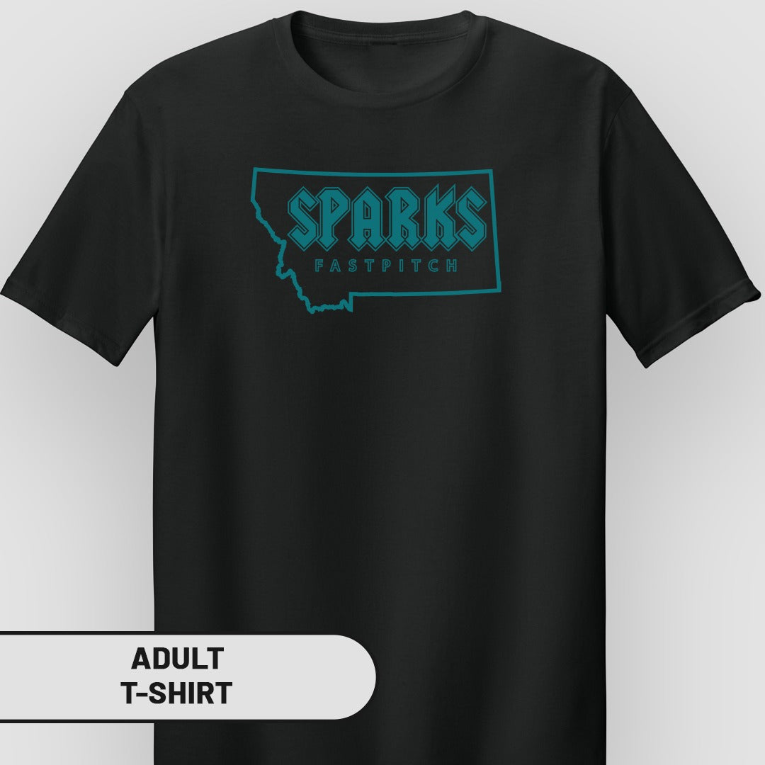 Black adult t-shirt with teal "SPARKS FASTPITCH" logo inside a Montana outline.
