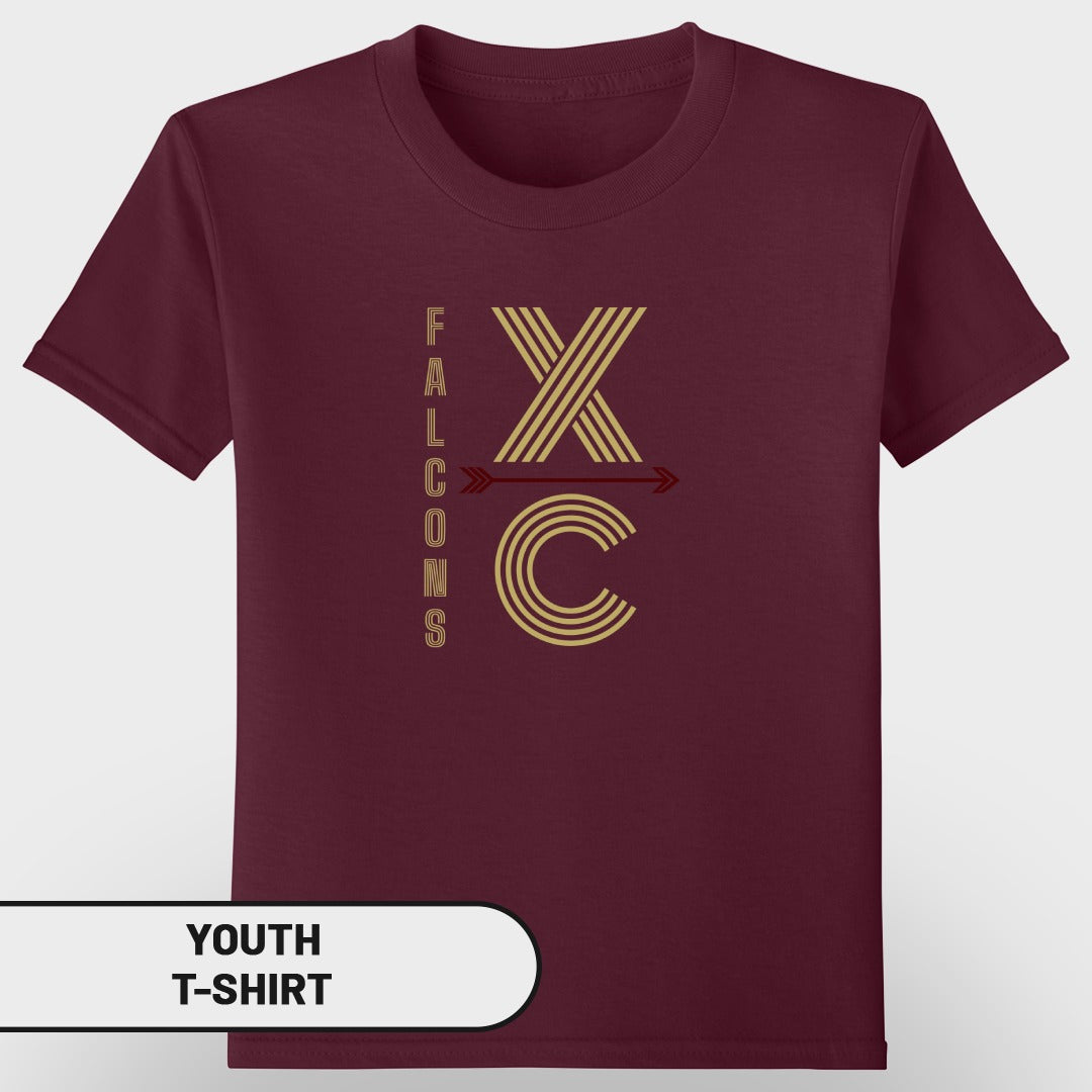 Maroon youth t-shirt with "FALCONS XC" graphic in gold.