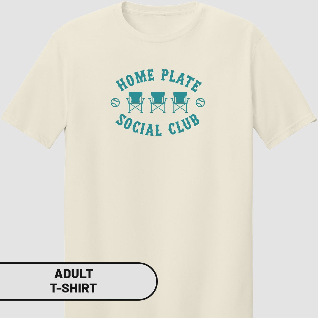 Cream t-shirt with "HOME PLATE SOCIAL CLUB" and three chairs graphic.