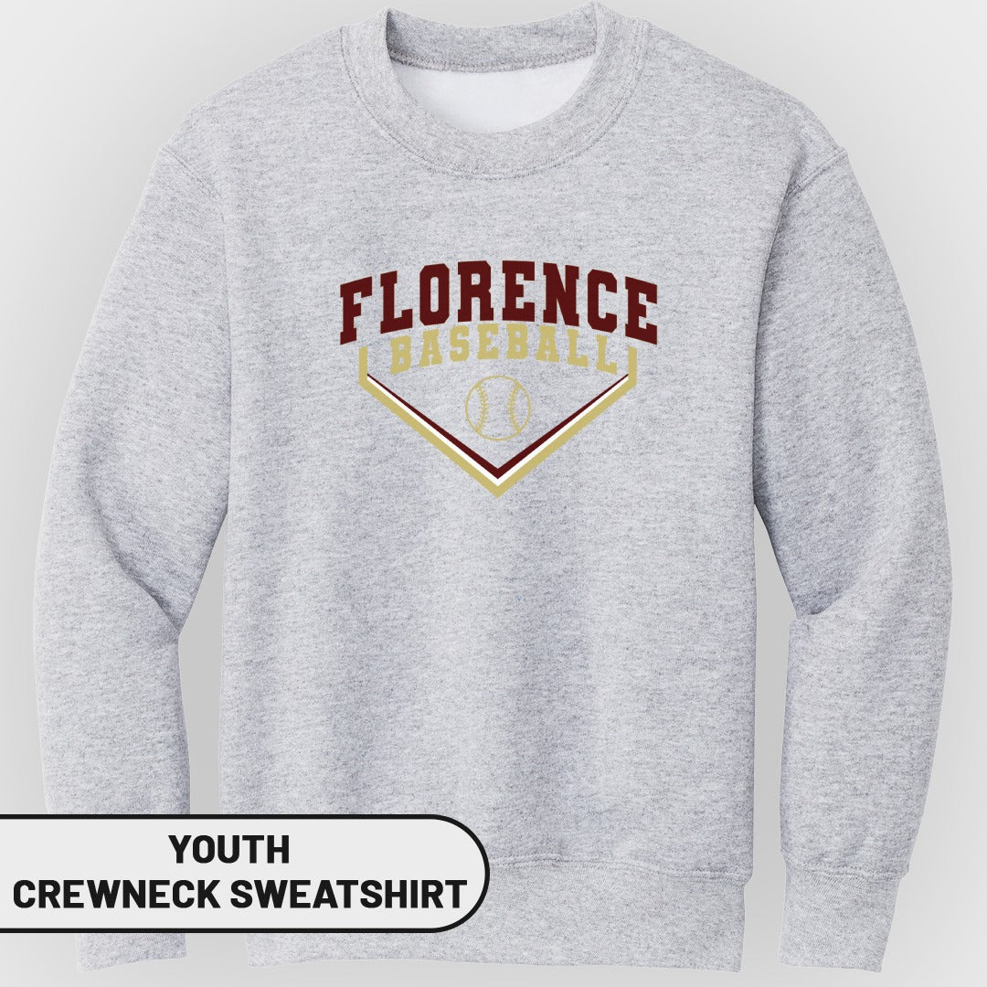 Light gray youth crewneck sweatshirt with "Florence Baseball" logo and baseball graphic.