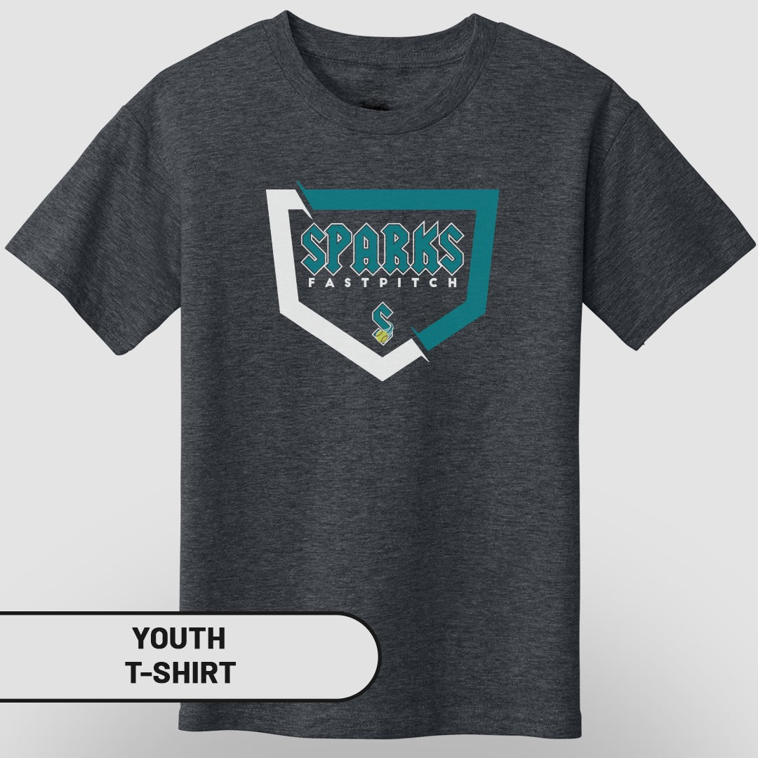 Dark grey youth t-shirt with "Sparks Fastpitch" logo in teal and white.