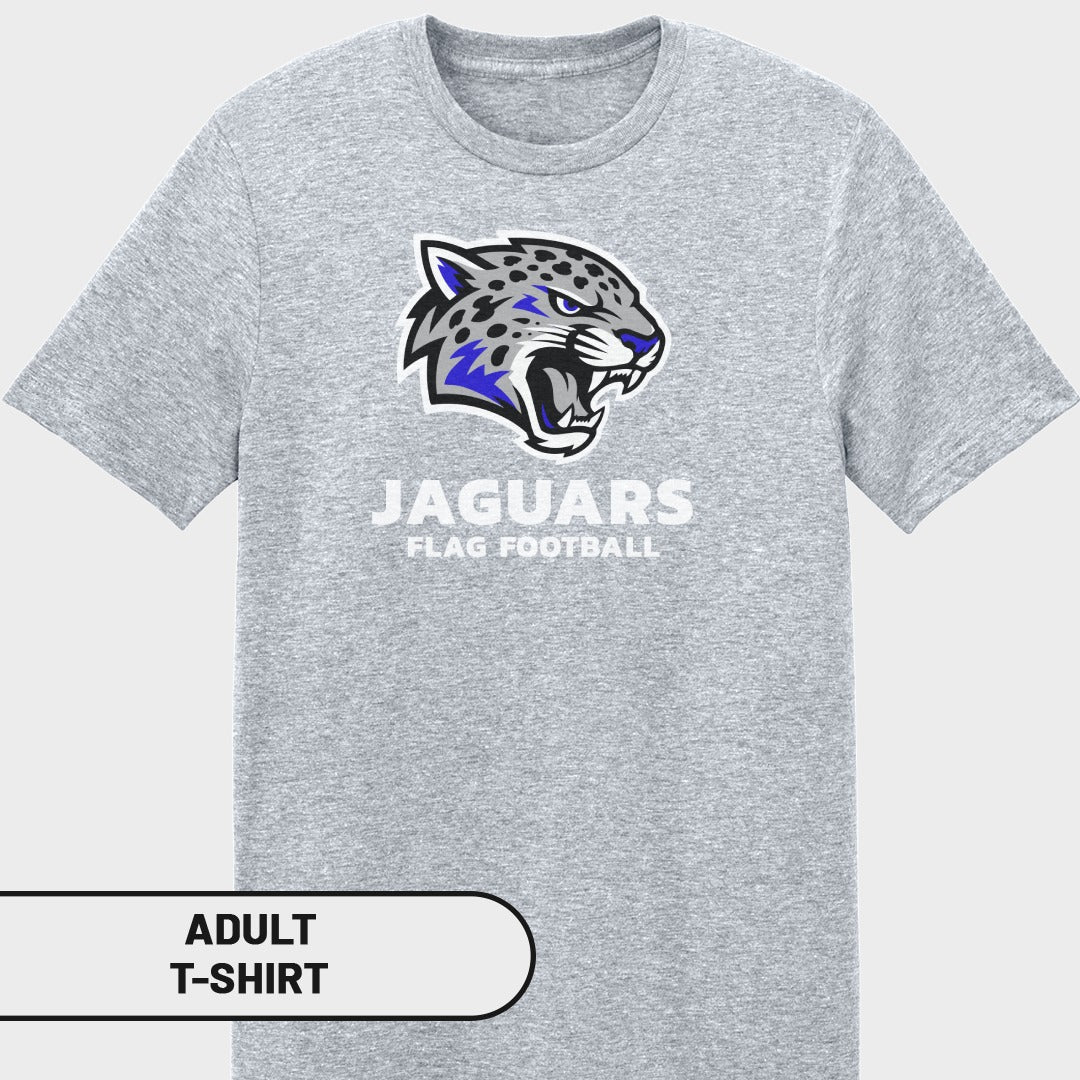 Grey adult t-shirt with Jaguars flag football logo and text.