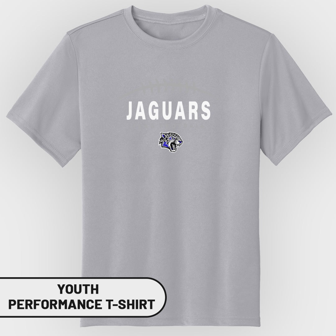 Youth grey performance t-shirt with "JAGUARS" text and jaguar logo.