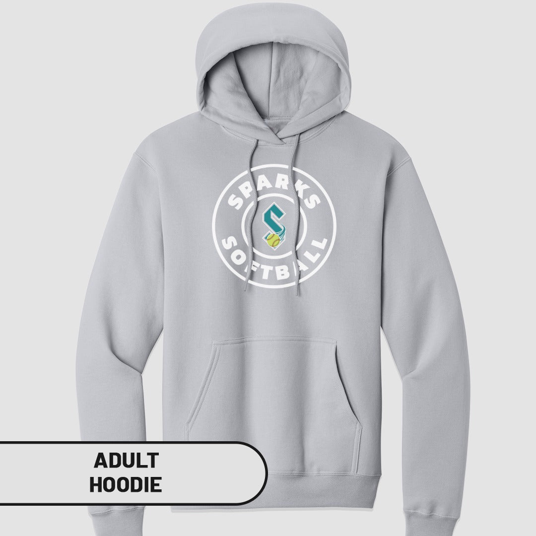 Light gray adult hoodie with SPARKS SOFTBALL logo.