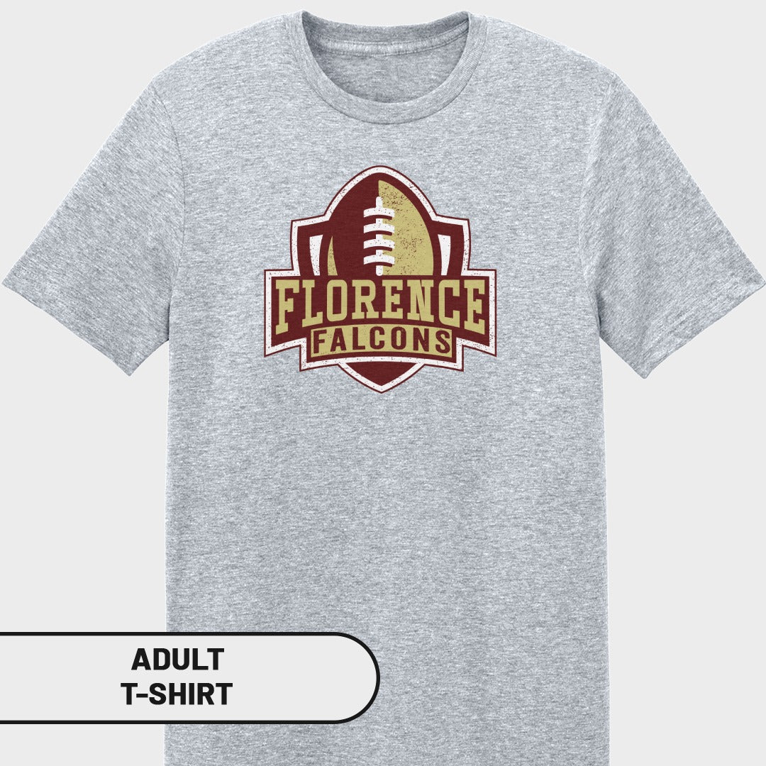 Grey adult t-shirt with Florence Falcons football team logo.