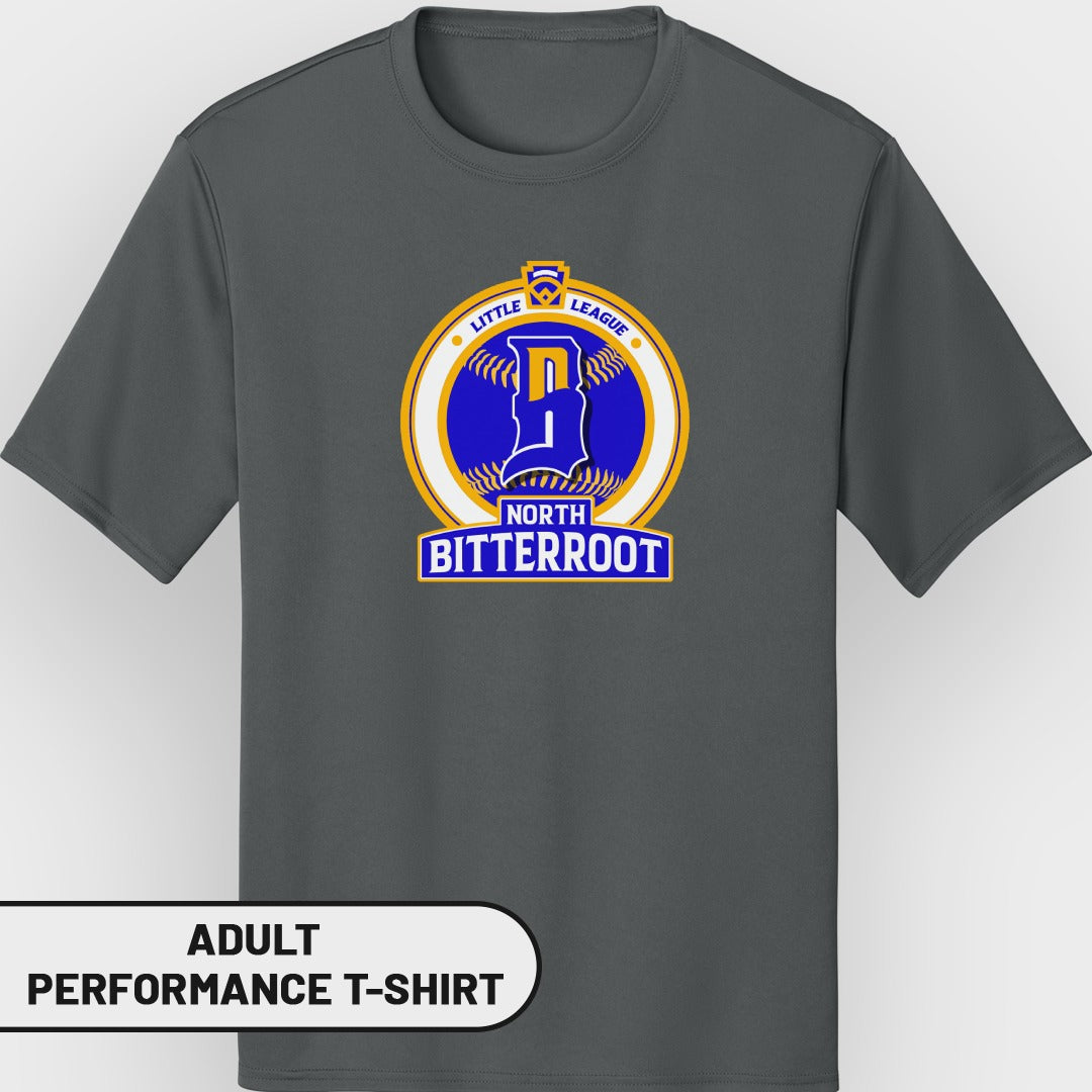 Adult performance t-shirt with Little League North Bitterroot logo.