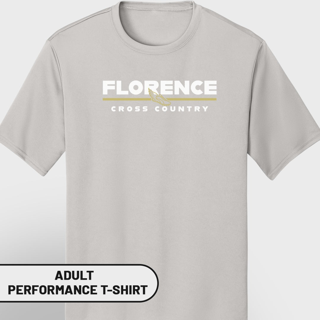 Gray adult performance t-shirt with "Florence Cross Country" text and shoe graphic.