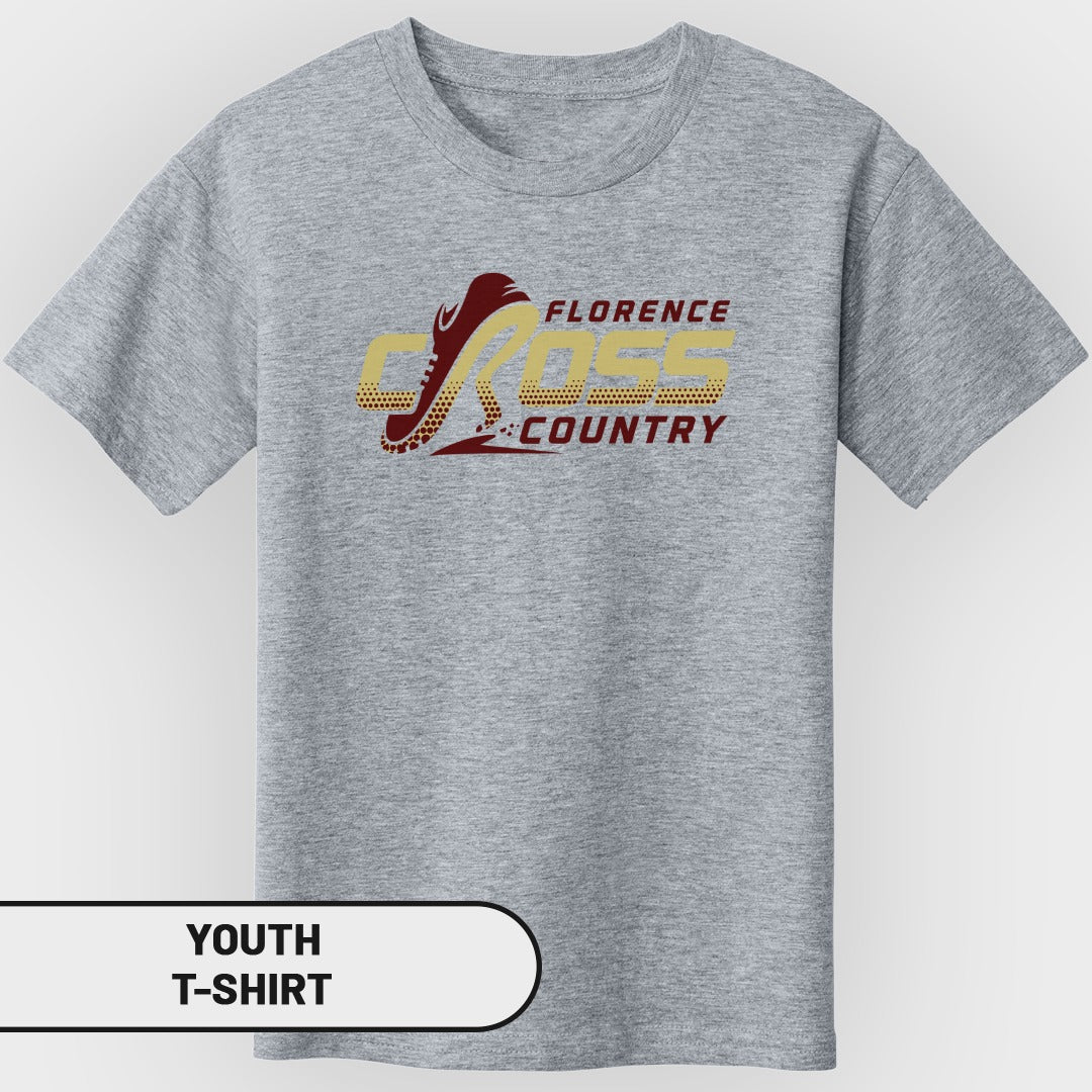 Grey youth t-shirt with "Florence Cross Country" graphic and running shoe.