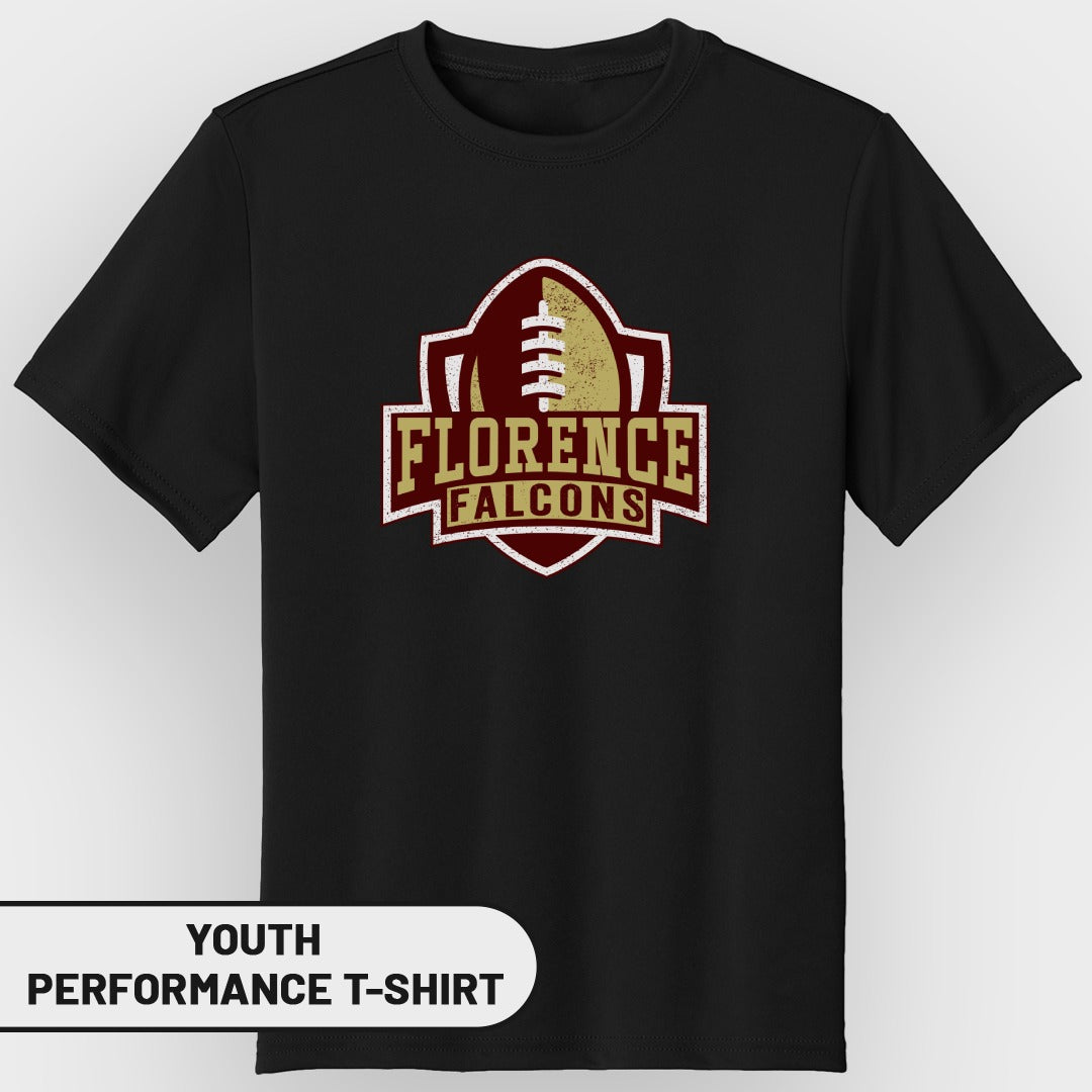 Black youth performance t-shirt with Florence Falcons football logo.