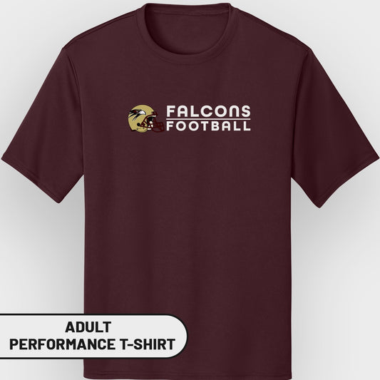 Maroon adult performance t-shirt with "FALCONS FOOTBALL" and helmet graphic.