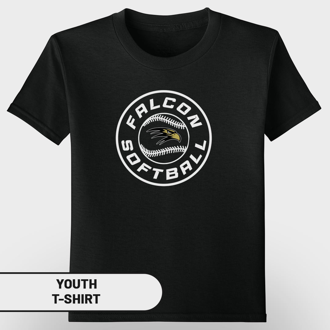 Black youth t-shirt with "Falcon Softball" graphic and a falcon head.