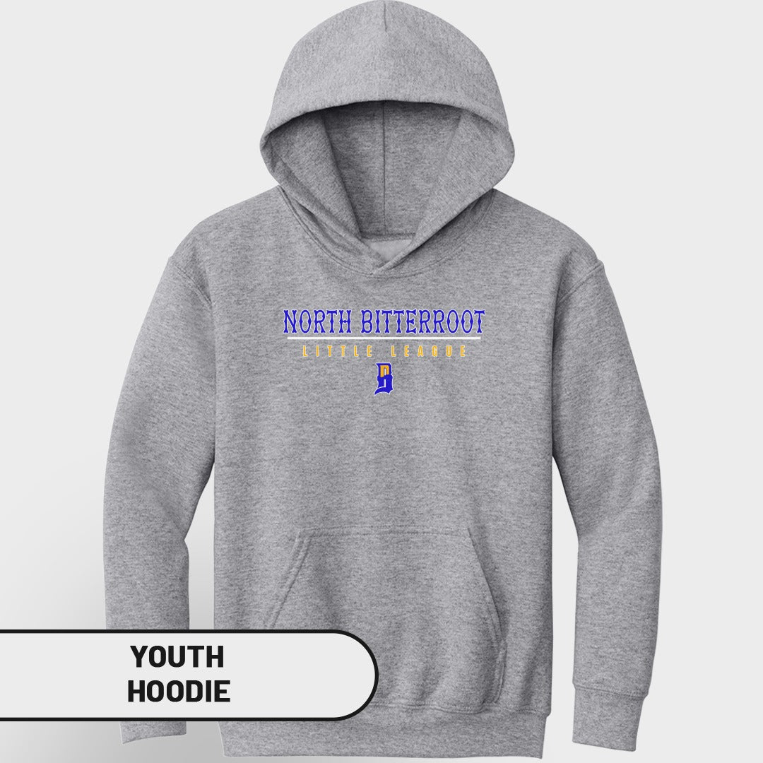 Gray youth hoodie with "NORTH BITTERROOT LITTLE LEAGUE" text and team logo.