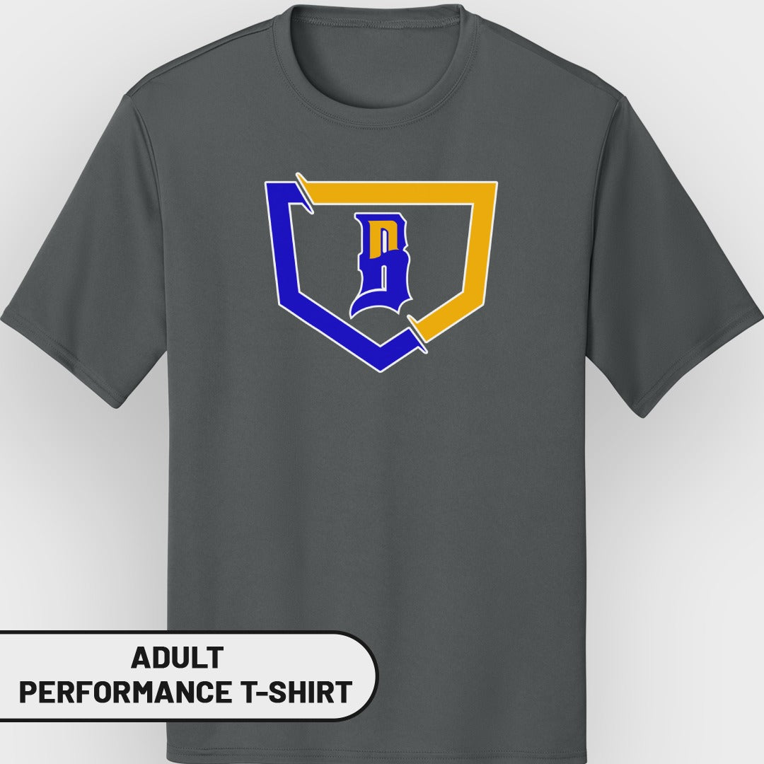 Dark grey adult performance t-shirt with blue and yellow shield logo featuring a white letter D.