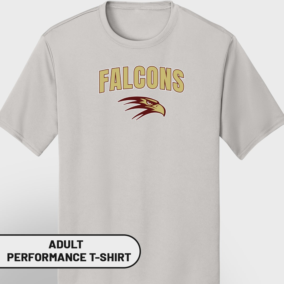 Light grey t-shirt with gold "FALCONS" text and maroon eagle logo.