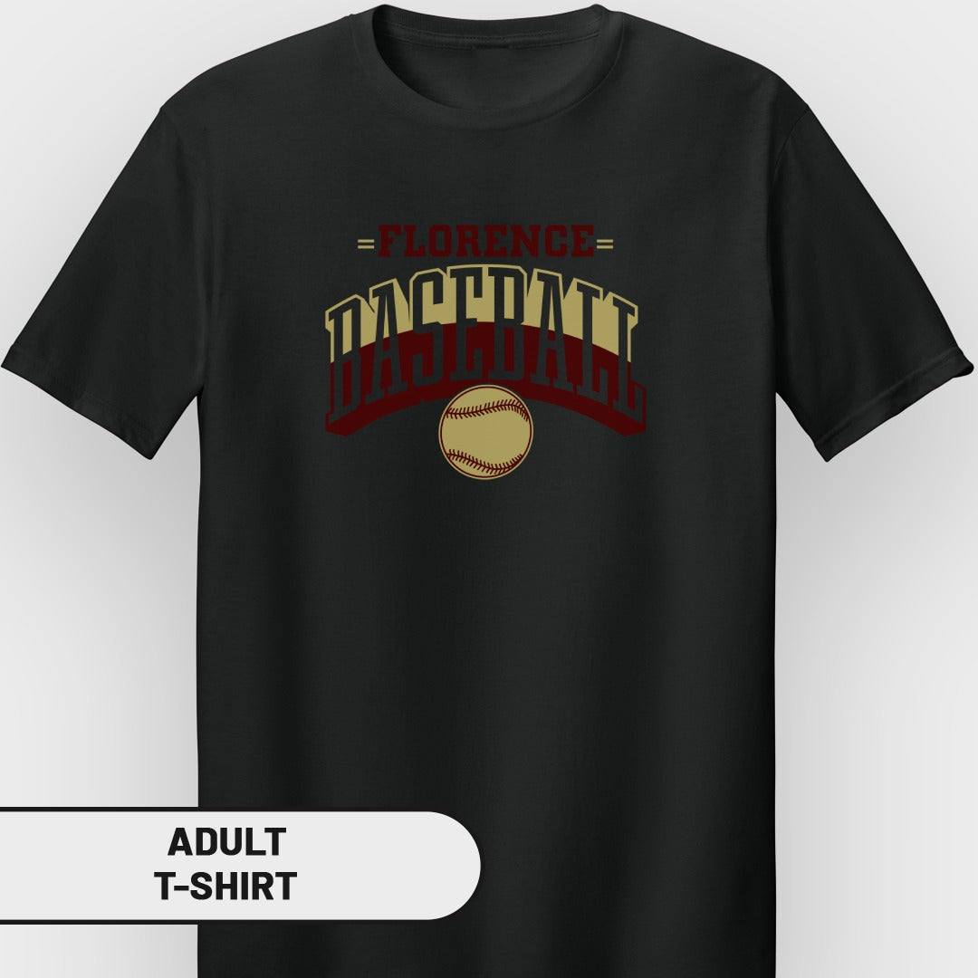 Black t-shirt with "Florence Baseball" text and baseball graphic.