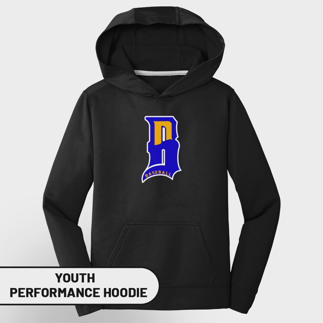 Black youth performance hoodie with blue and yellow "B" baseball logo.