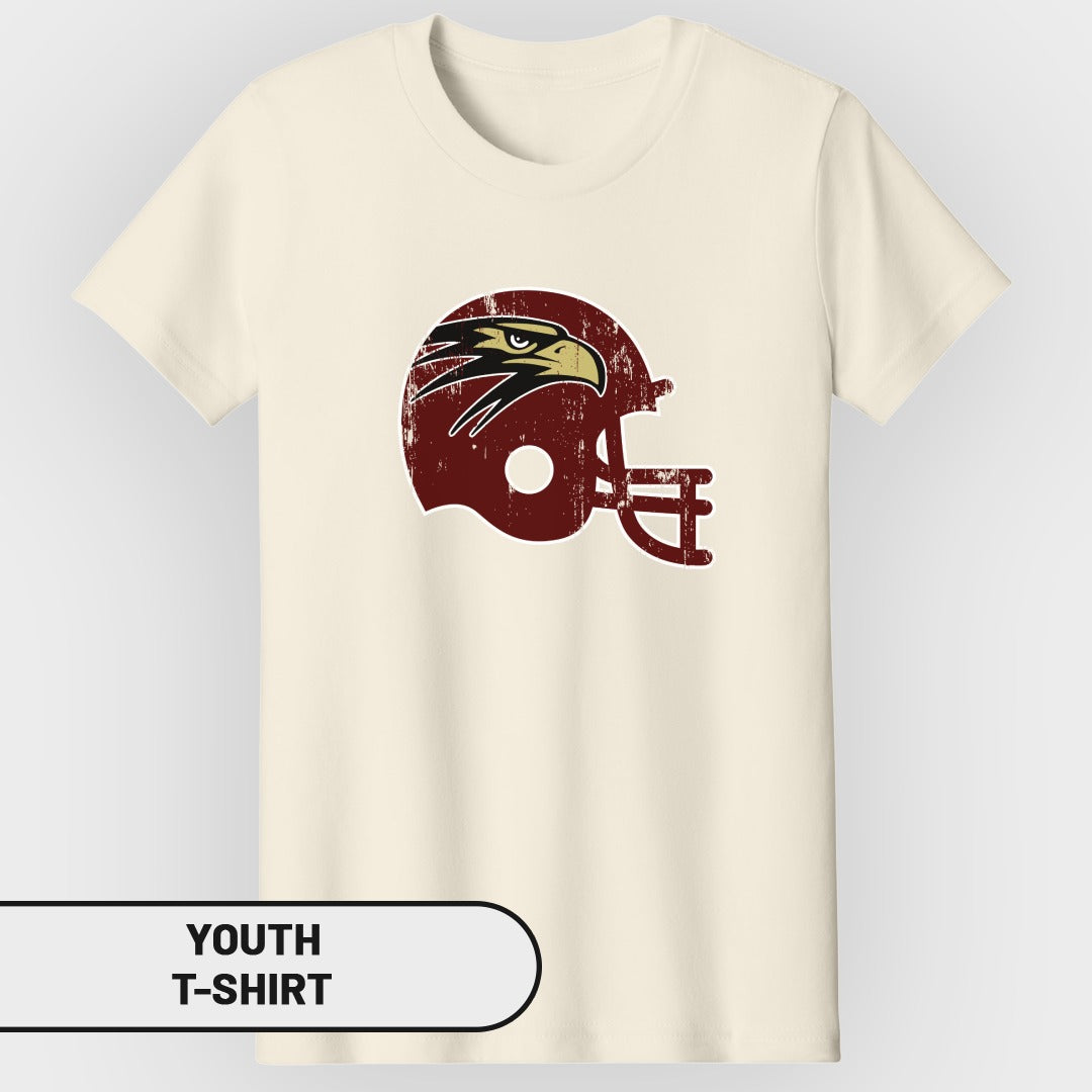 Cream youth t-shirt with distressed maroon football helmet and eagle graphic.