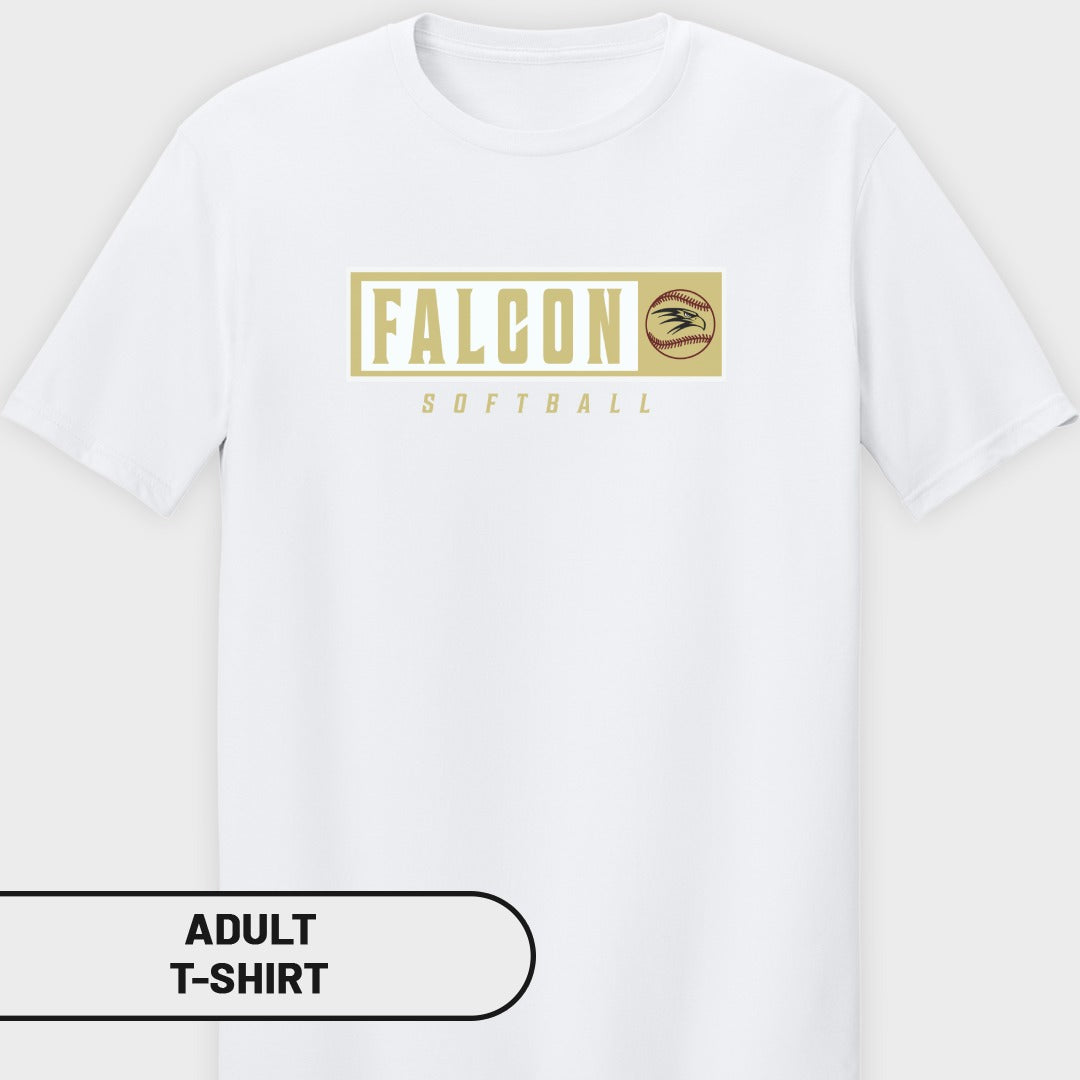 White adult t-shirt with gold "FALCON SOFTBALL" text and baseball graphic.