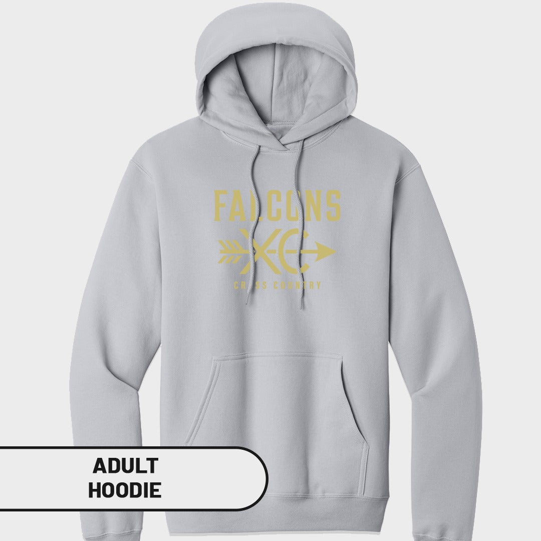 Light grey adult hoodie with gold "Falcons XC Cross Country" text and arrow design.