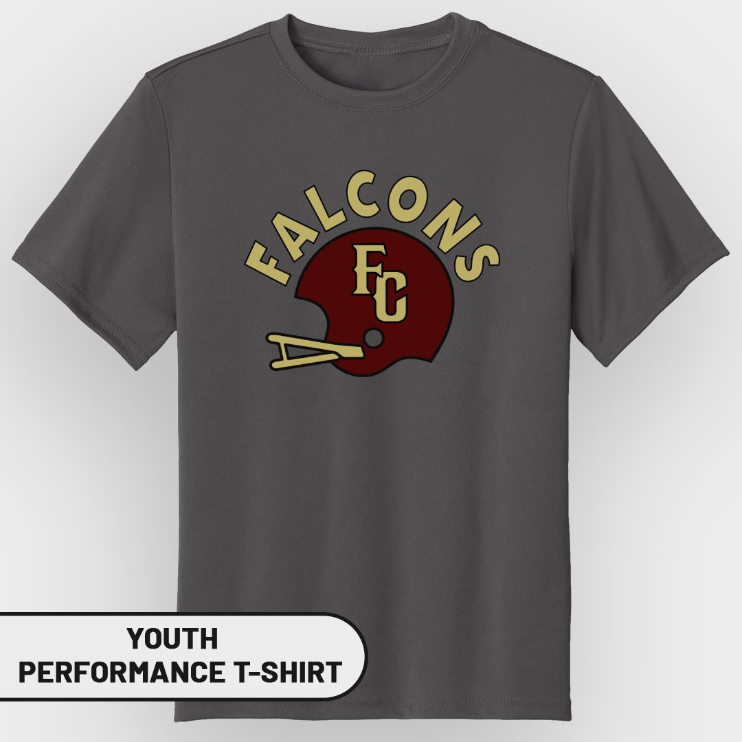 Dark gray youth performance t-shirt with maroon and gold Falcons FC helmet logo.
