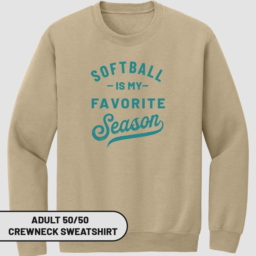 Tan crewneck sweatshirt with "Softball is my favorite season" text.