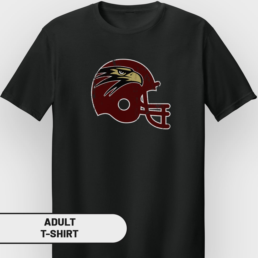Black adult t-shirt with distressed maroon football helmet featuring an eagle logo.