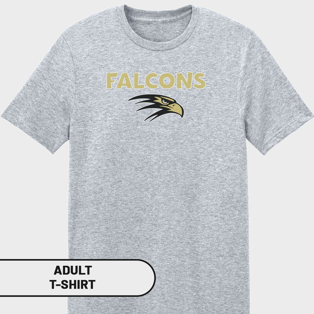 Grey adult t-shirt with "FALCONS" text and a falcon head logo.
