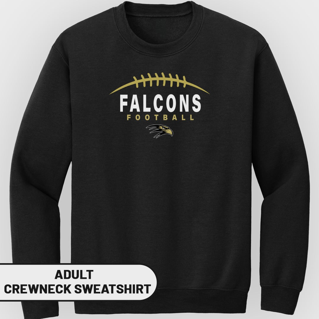 Black adult crewneck sweatshirt with Falcons Football text and eagle logo.