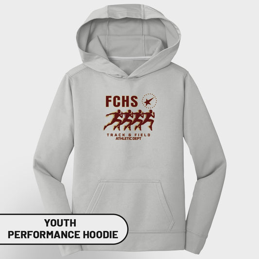 Gray youth performance hoodie with FCHS Track & Field Athletic Dept graphic.