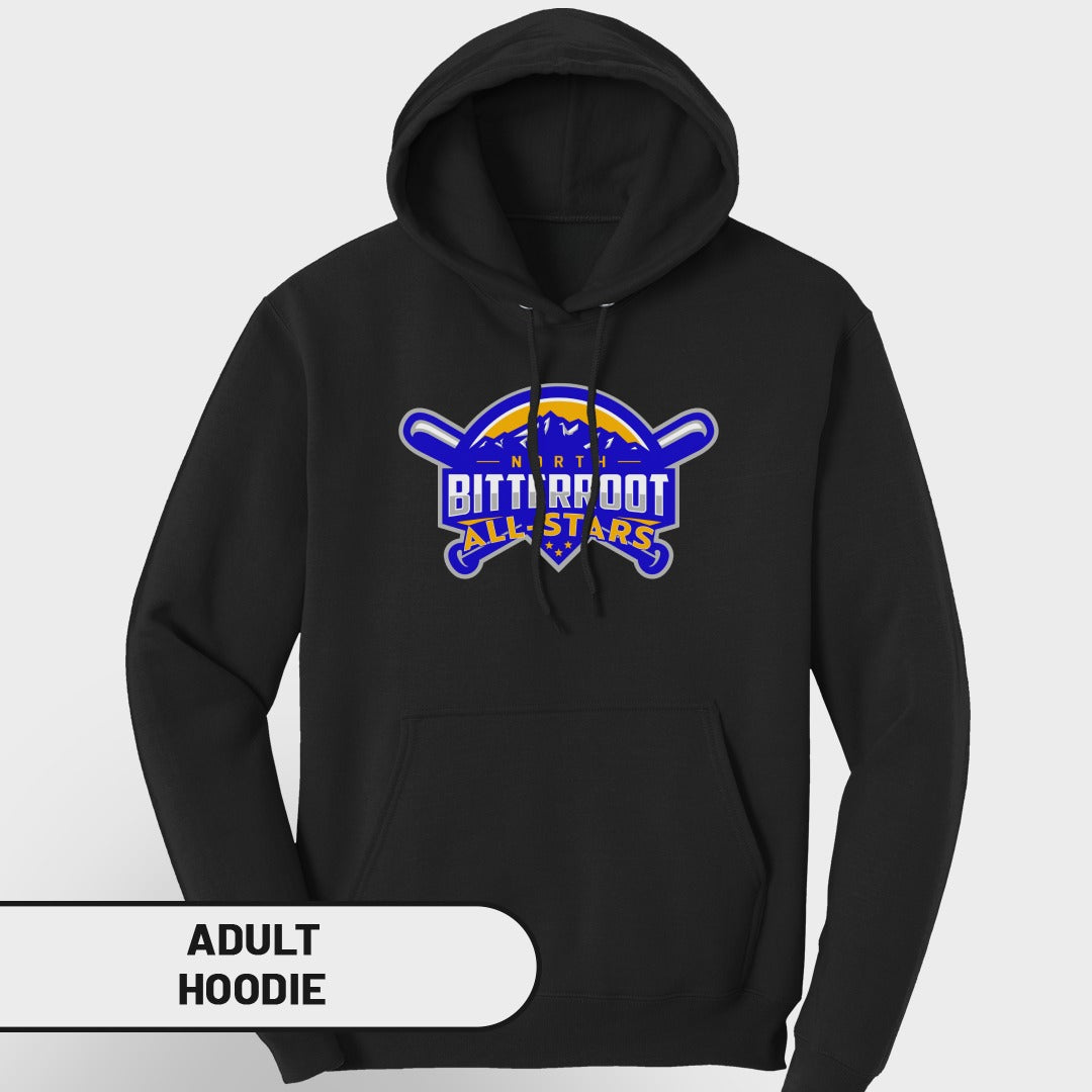 Black adult hoodie with embroidered "North Bitterroot All Stars" logo.