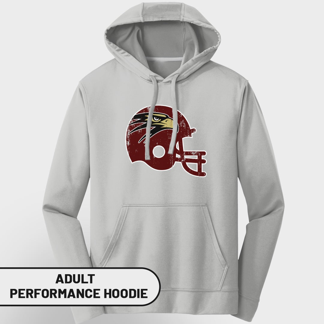 Light grey adult performance hoodie with distressed maroon football helmet and eagle logo.