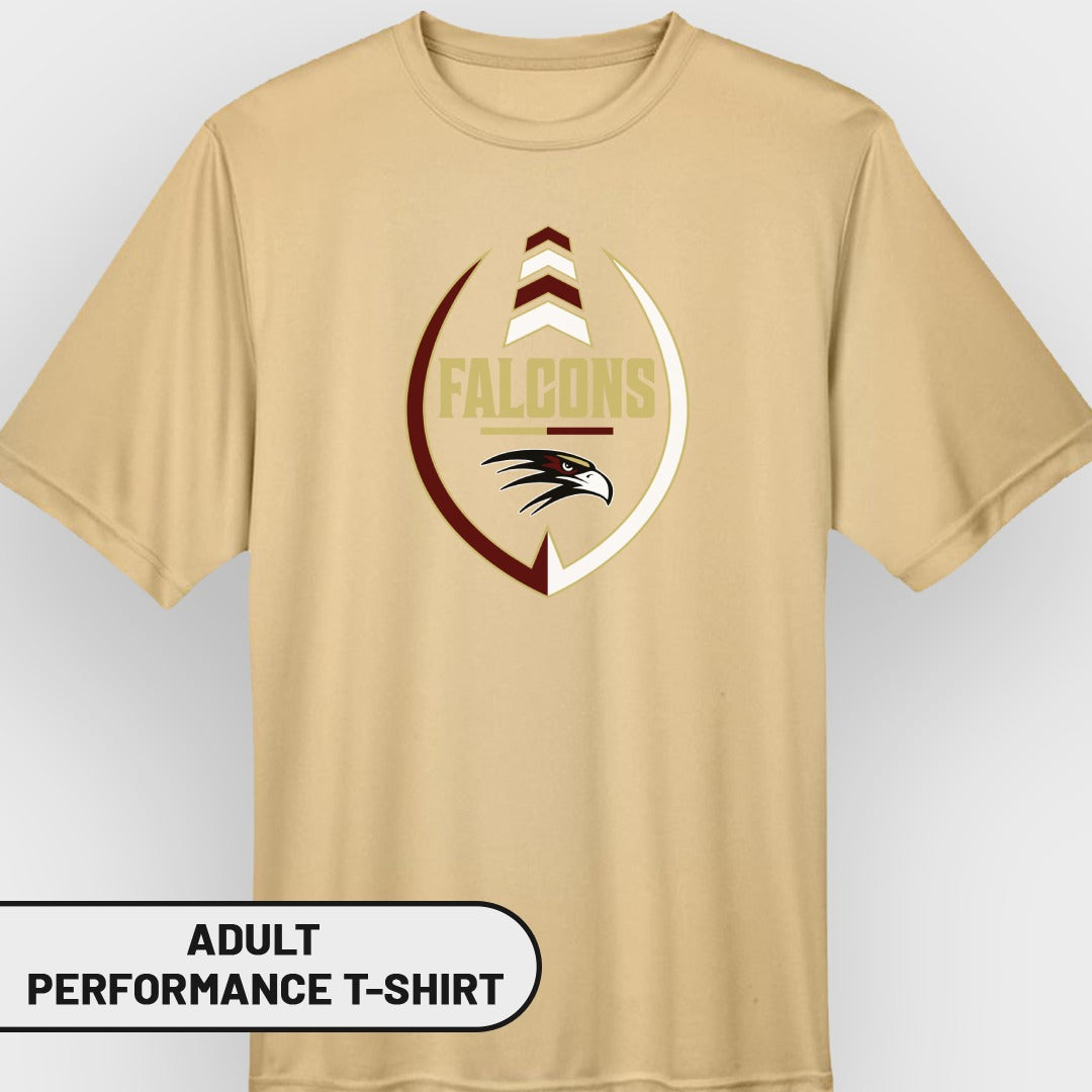 Adult performance t-shirt with a gold falcon logo and the word "FALCONS".